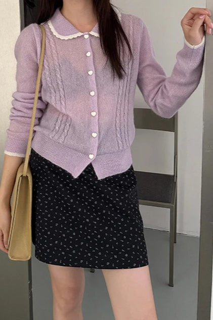 Lace Peter Pan Collar Lightweight Wool Knit Cardigan