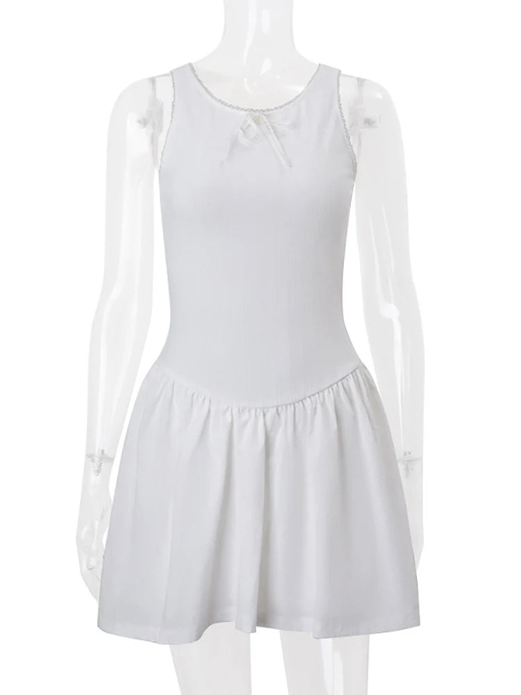 Fantoye Backless A-line Dress White Sleeveless Round Neck Mini Dress Female Summer Loose Vestidos