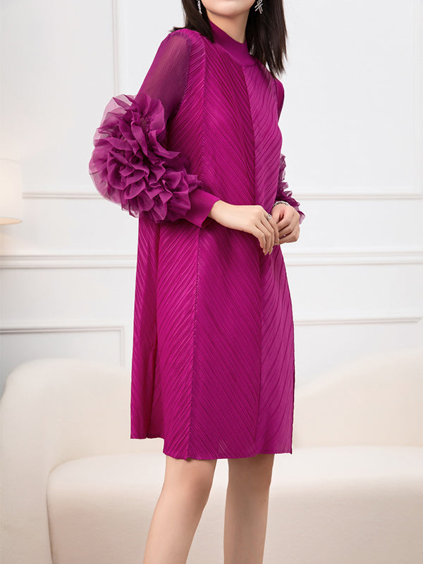 Long Sleeves Loose Embroidered Pleated Color Round-neck Midi Dresses