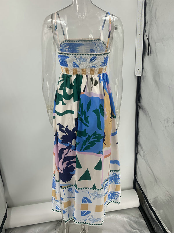 High Waisted Sleeveless Pleated Printed Split-joint Collarless Midi Dresses Slip Dress