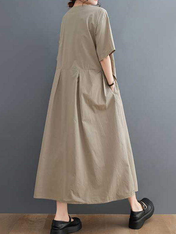 Loose Short Sleeves Pleated Color Split-joint V-neck Midi Dresses