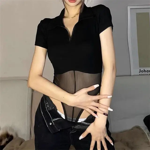 Short Sleeve Top Perspective Mesh Bodysuit Jumpsuit Woman Clothing Black Zip Summer Street Y2k Bodysuit Black