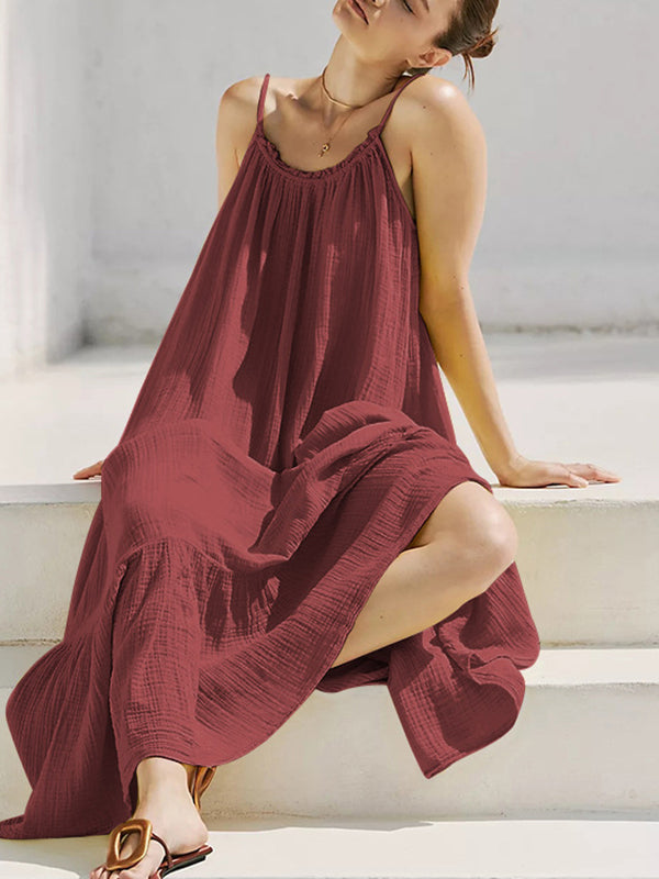 A-line Loose Pleated Color Split-joint Round-neck Midi Dresses Slip Dress