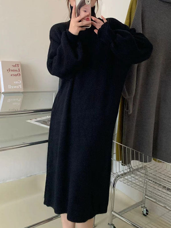 Long Sleeves Loose Color High Neck Midi Dresses Sweater Dresses