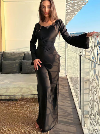 Black Satin Bandage Maxi Dress Slin High Waist Patchwork Long Sleeve Dress Gown Long Dress