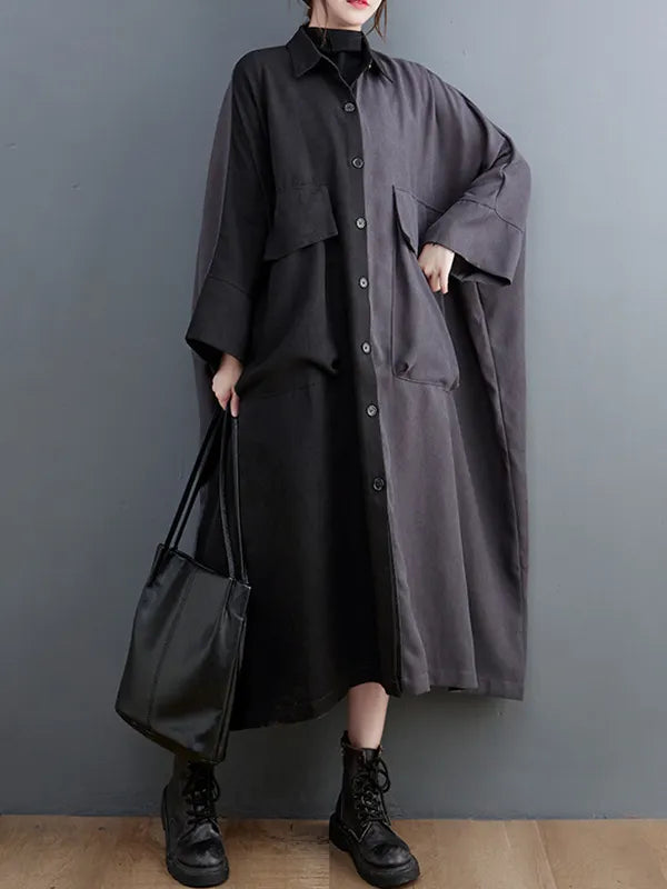 Long Sleeves Loose Buttoned Contrast Color Split-joint Lapel Collar Midi Dresses