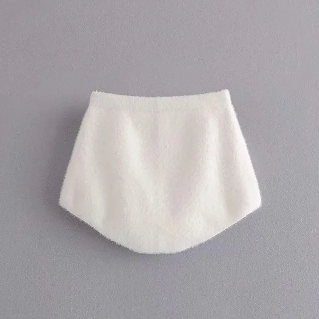 Two Piece Sets Outfits White Plush Mohair Drill Button Cardigan Coats With Bra Tops and Mini Shorts Matching Sets