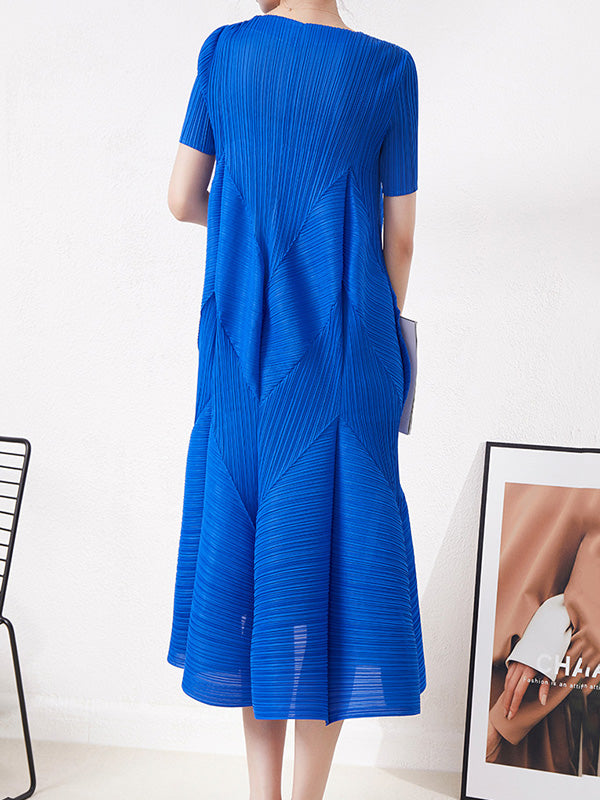Short Sleeves Pleated Color Round-neck Midi Dresses