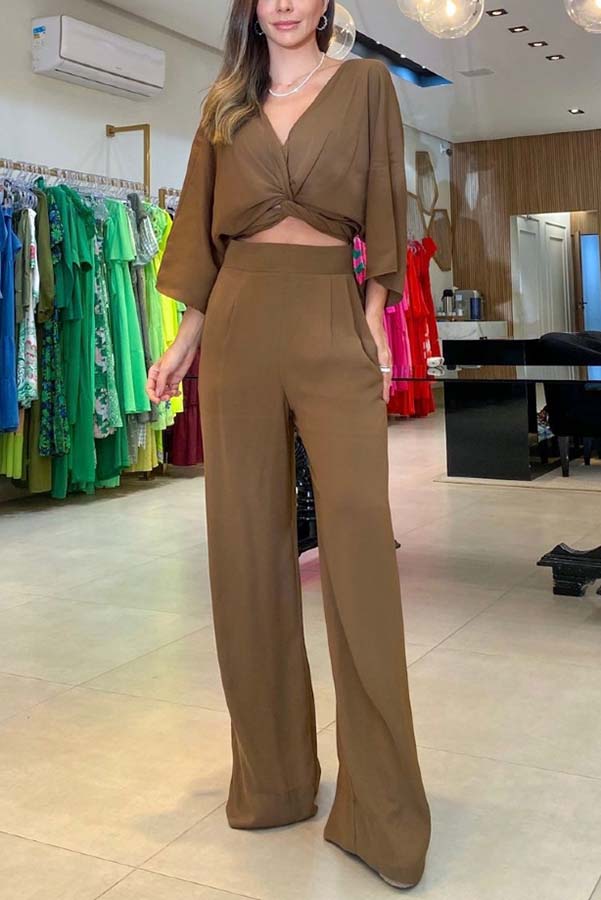 Laguna Resort Kink Shirt and Pocketed Wide Leg Pants Set With Cami Top