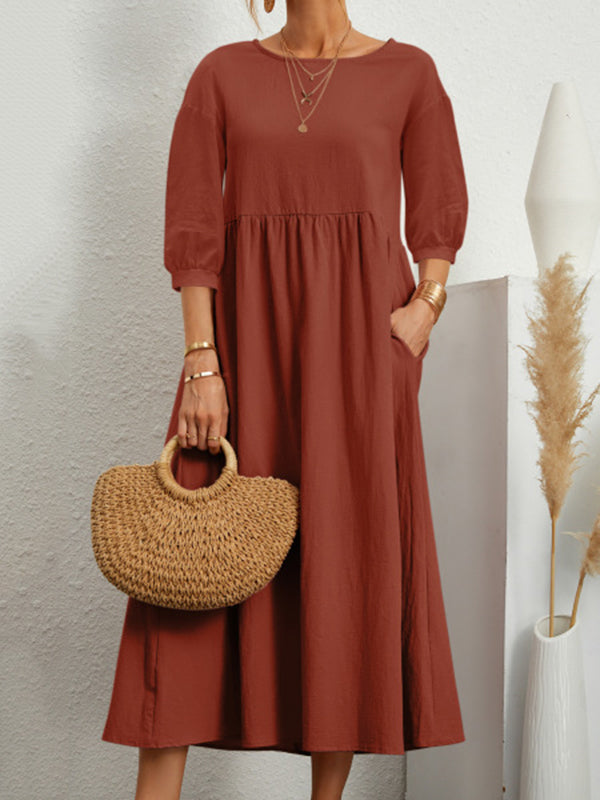 11 Colors Simple Round-neck Color Midi Dress