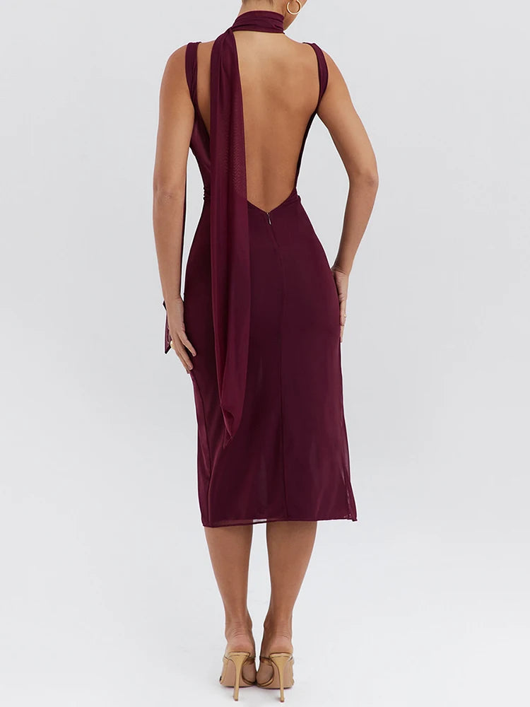 Flower High Split Midi Dress for Two Layer Mesh Sleeveless Backless Bodycon Club Dress Party Outfits