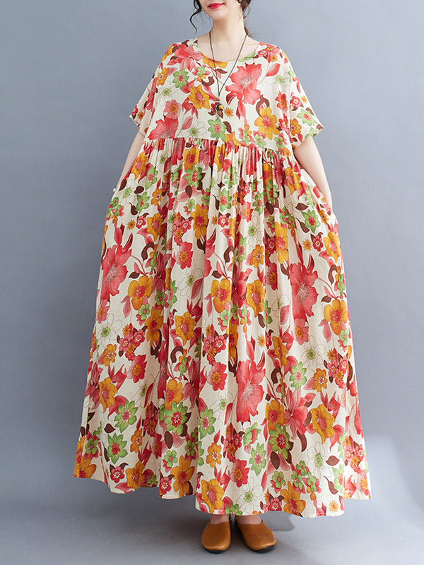 Loose Short Sleeves Pleated Printed Split-joint Round-neck Midi Dresses