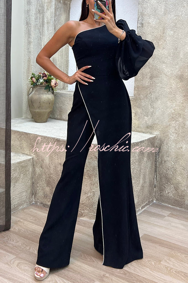 Diary Asymmetrical Design Diamond Trim One Shoulder Party Jumpsuit
