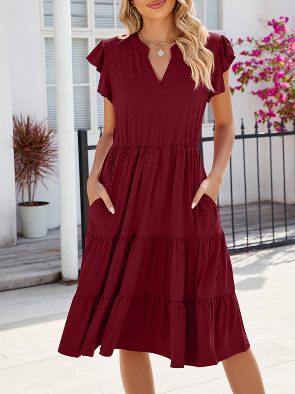 Loose Ruffle Sleeves Pleated Pockets Color Split-joint V-neck Midi Dresses