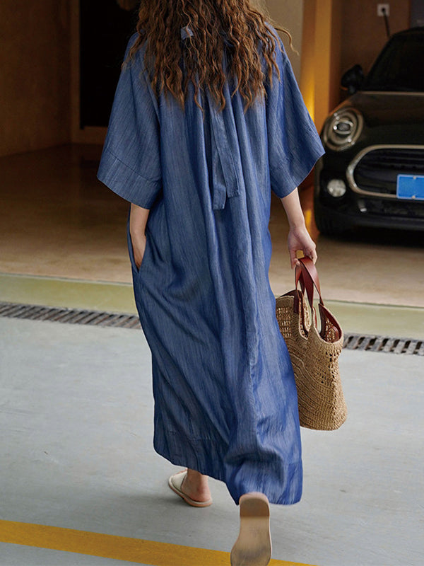 Loose Raglan Sleeve Drawstring Lace-up Pleated Color Round-neck Midi Dresses