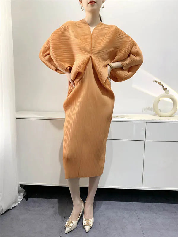 Original Creation Loose Batwing Sleeves Pleated Color V-neck Midi Dresses