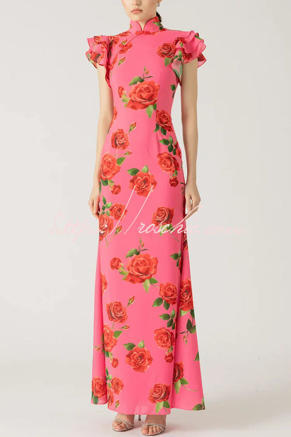 Cheongsam Style Rose Print Tiered Flare Sleeve Stretch Maxi Dress