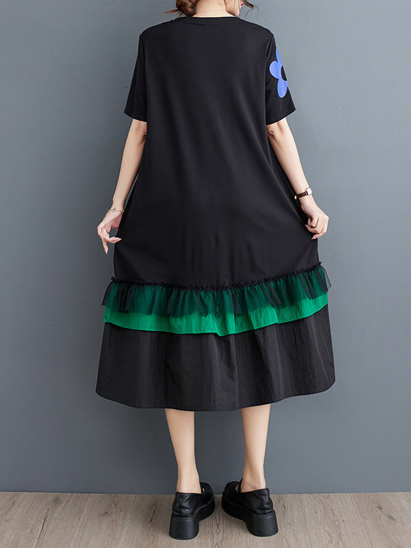 Loose Short Sleeves Printed Split-joint Round-neck Midi Dresses