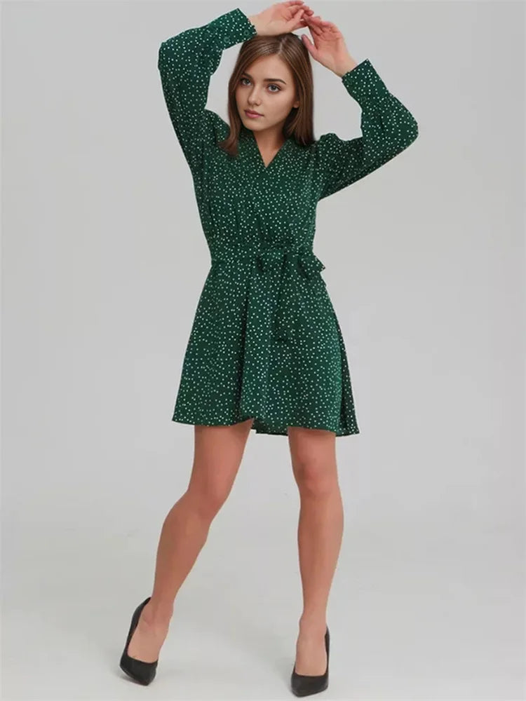 Lace-up High Waist V-neck Mini Dress for Slim Long Sleeve Bandage Dress Female Printed Dress Summer