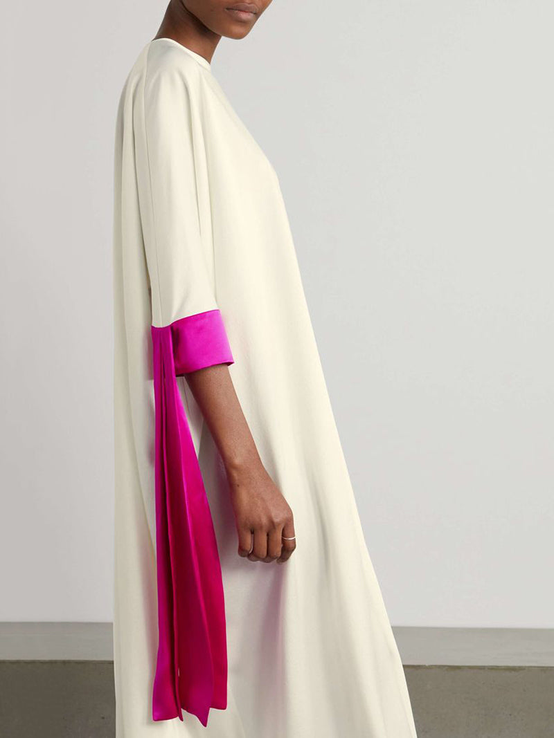 Loose Seven-quarter Sleeves Contrast Color Round-neck Midi Dresses