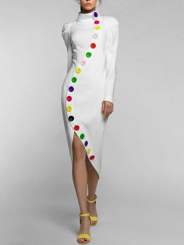 Long Sleeves Buttoned Contrast Color High Neck Midi Dresses