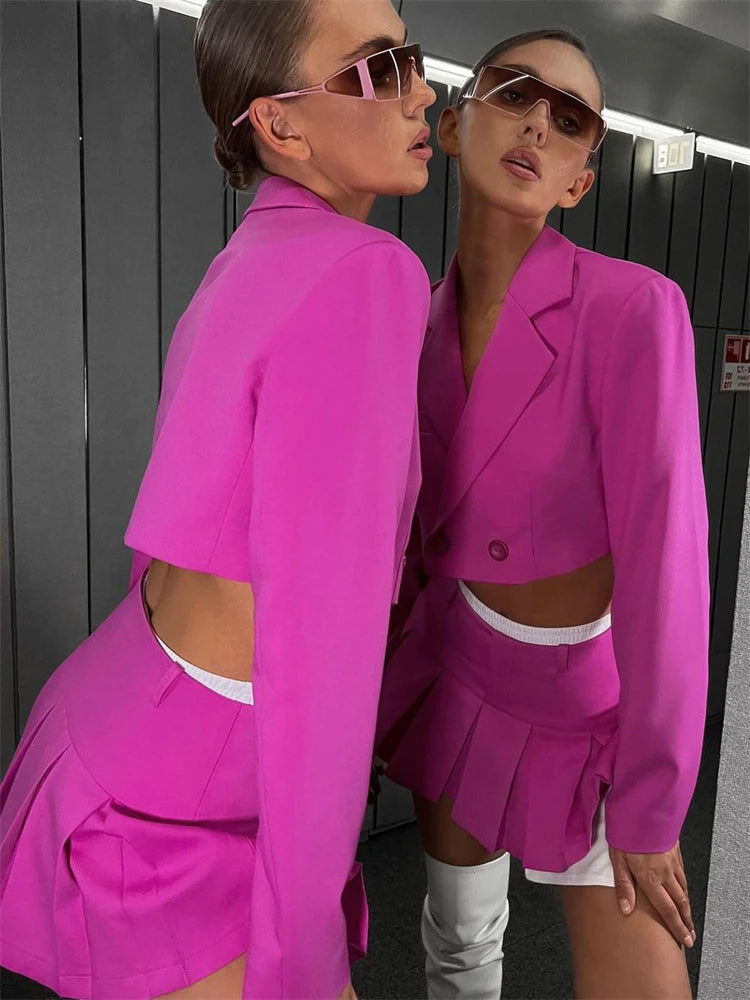 Blazer and Skirt Sets for Two Piece Set Outfits Gray Cropped Coat Blazer Femme 2-piece Sets New