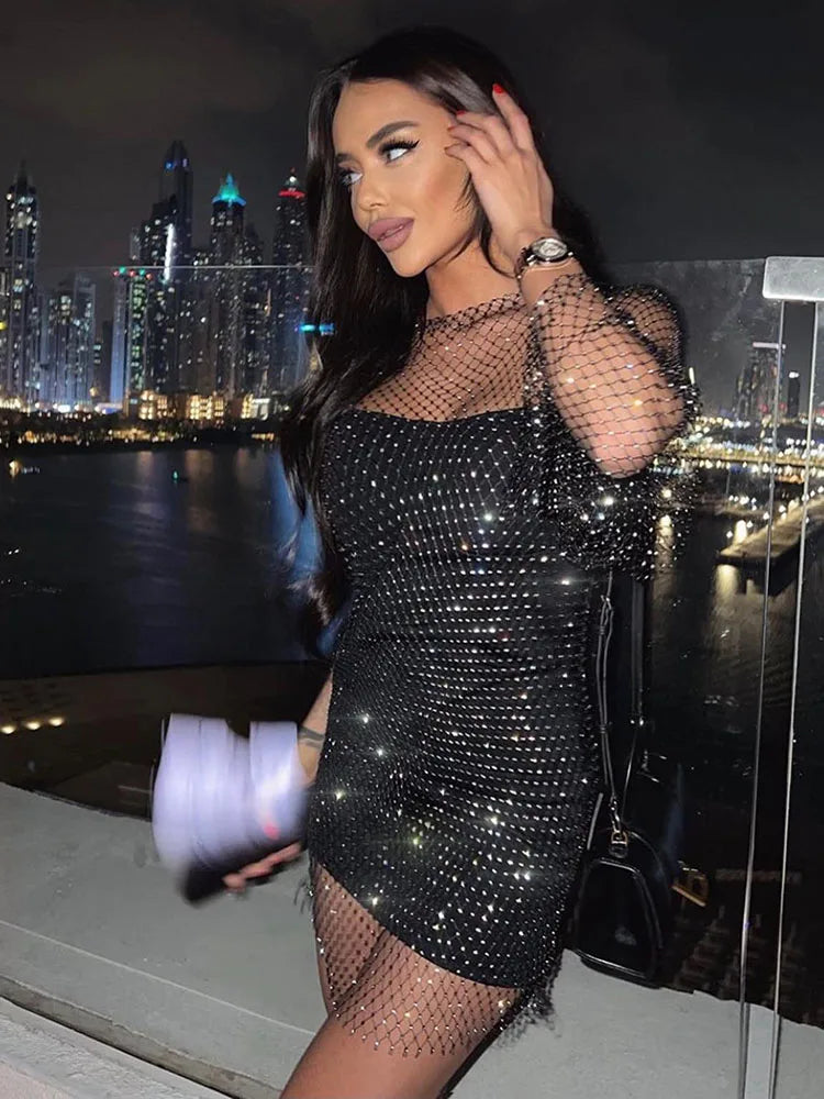 Rhinestone Mesh Mini Dress Summer Open Back Slit Long Dresses Beach Babes See Through Fishnet Skirt