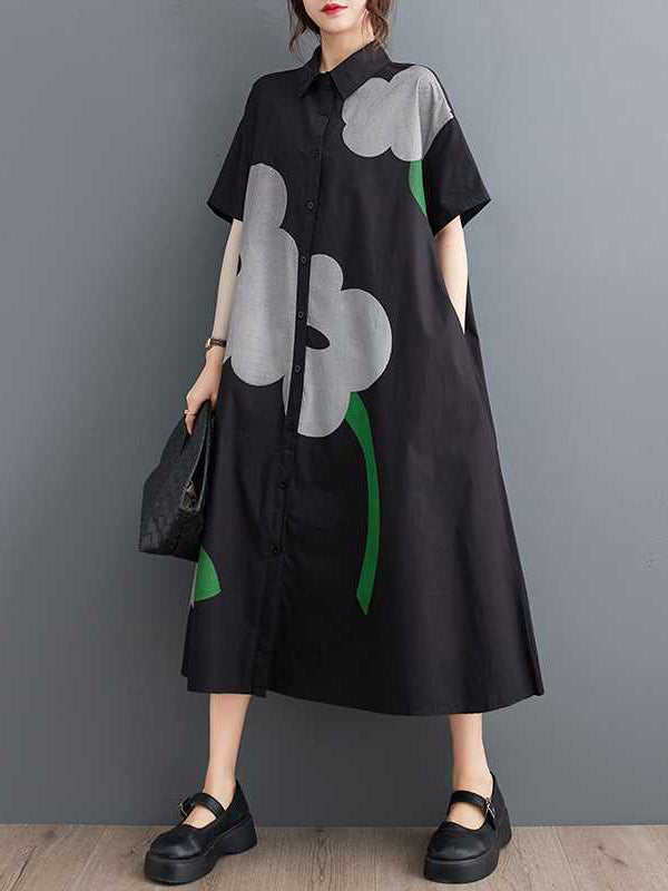 Loose Short Sleeves Buttoned Printed Lapel Collar Midi Dresses