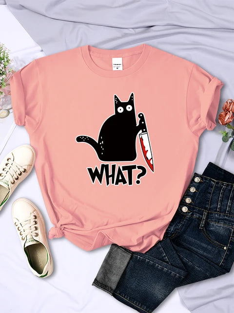 Kitchen Knife Black Cat Wha? Print Female Short Sleeve Breathable T-shirts Summer Cool Tee Clothes Street Hip Hop Tops