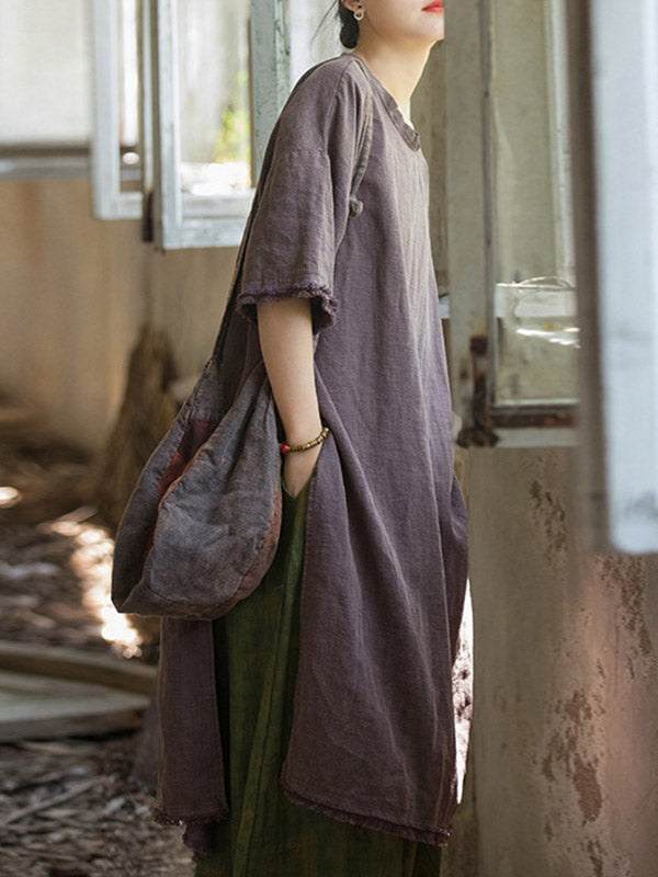 Half Sleeves High-low Fringed Color Split-joint Split-side Round-neck Midi Dresses