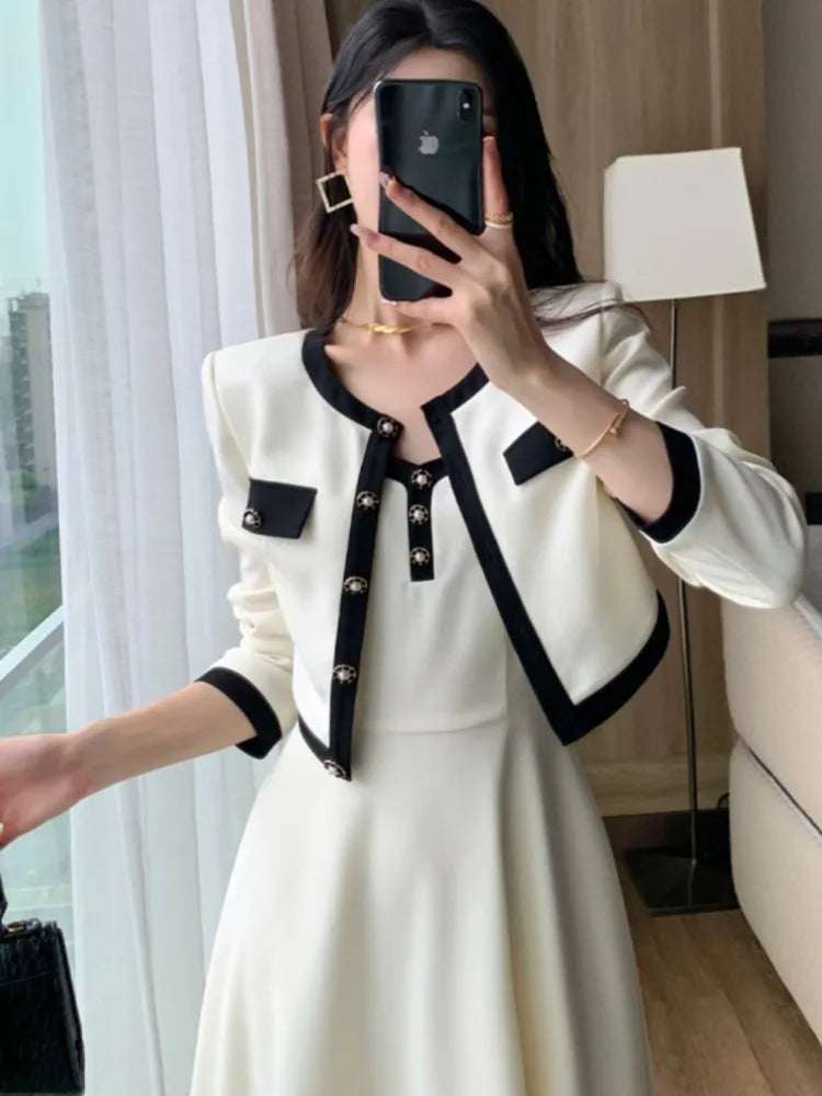 2-piece Dress Set for Lady Cropped Coat A-line Midi Camisole Dresses Slim Korean Female Suit Spring Autumn New