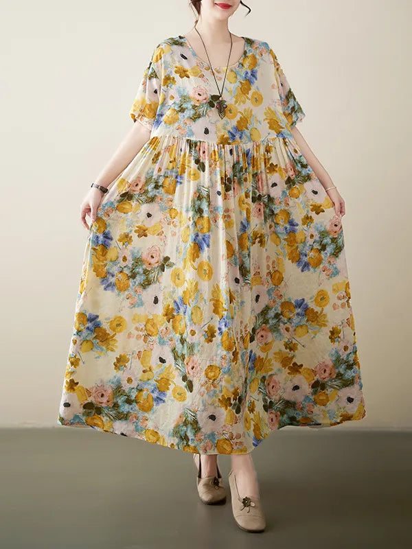 A-line Loose Printed Round-neck Midi Dresses