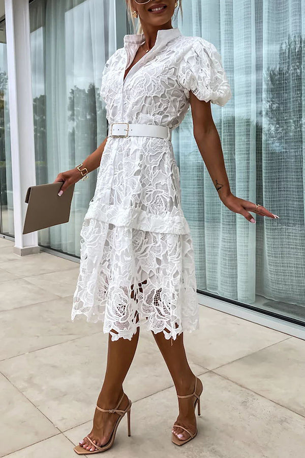 Absolutely Crochet Lace Puff Sleeve Belted Shirt Midi Dress