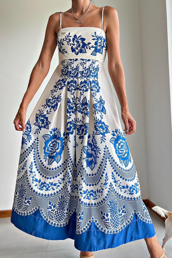 Villa Vacation Print Back Smocked Loose Midi Dress