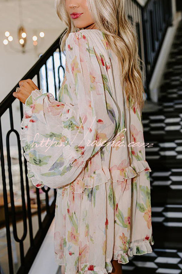 Striking Pleated Print V Neck Ruffle Paneled Long Sleeve Mini Dress