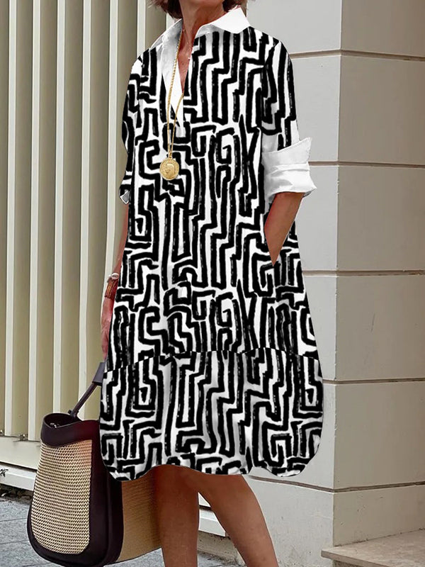 Long Sleeves Loose Printed Split-joint Lapel Midi Dresses Shirt Dress