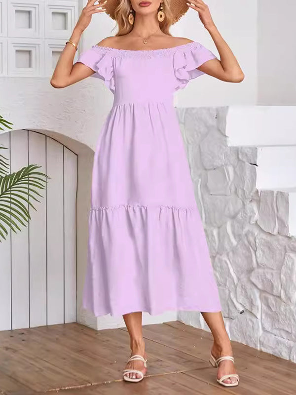 A-line Loose Elasticity Pleated Ruffled Color Split-joint Off-the-shoulder Midi Dresses