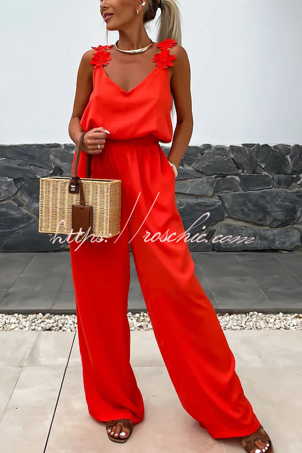 Color Embroidered Flower Suspenders Loose Jumpsuit