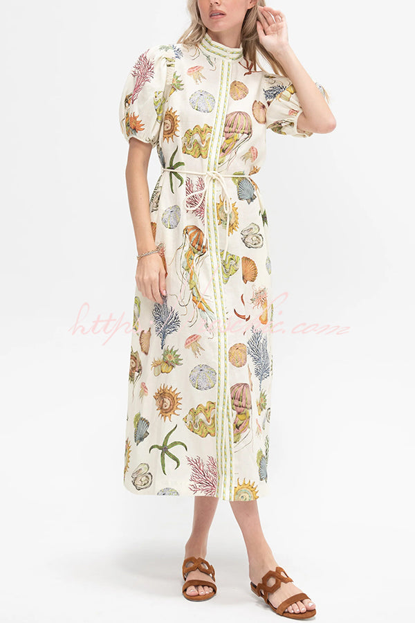 Beach Shell Print Puff Sleeve Tie-waist Midi Dress