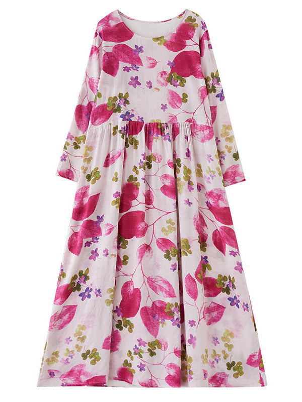 Long Sleeves Loose Flower Print Split-joint Round-neck Midi Dresses