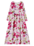 Long Sleeves Loose Flower Print Split-joint Round-neck Midi Dresses