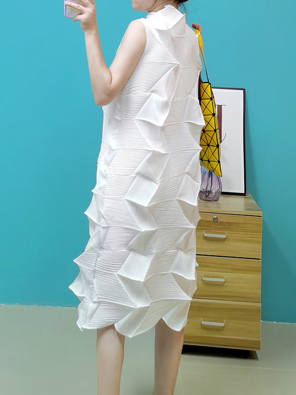Sleeveless Irregularity Pleated Color Stand Collar Midi Dresses