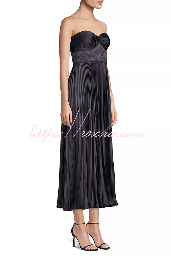 Love Note Satin Sweetheart Twist Off Shoulder Pleated Maxi Dress