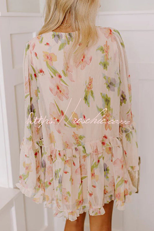 Striking Pleated Print V Neck Ruffle Paneled Long Sleeve Mini Dress