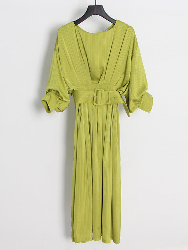 High Waisted Loose Belted Color Boat Neck Midi Dresses