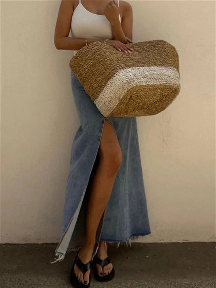 New High Waist Denim Skirts Spilt Out Maxi Jean Skirt Summer Holiday Long Skirts