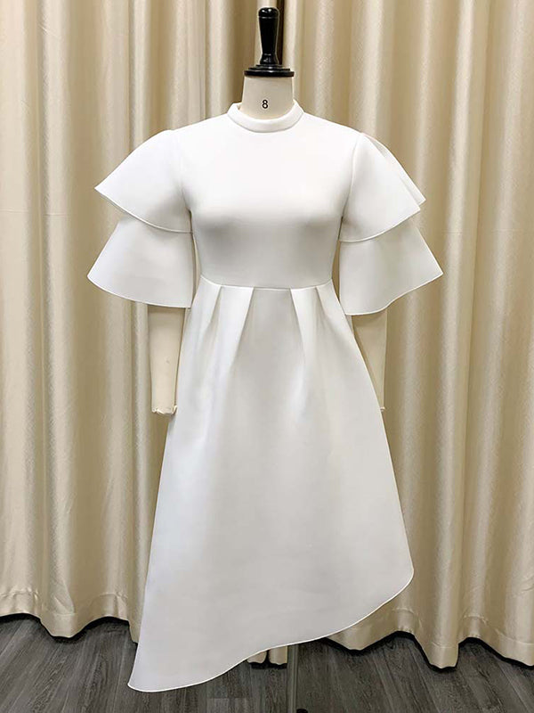 Original Loose Half Sleeves Falbala Color Round-neck Midi Dresses