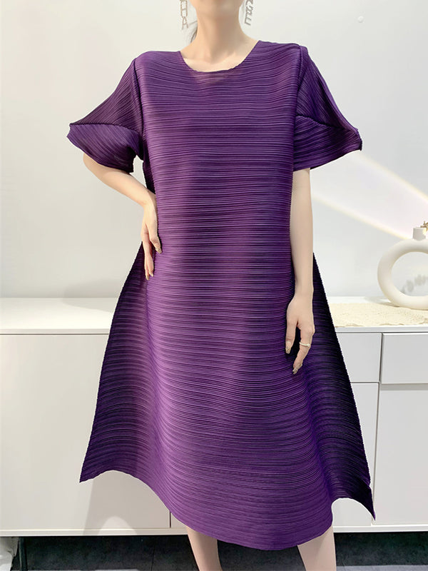 Loose Pleated Round-neck Midi Dresses
