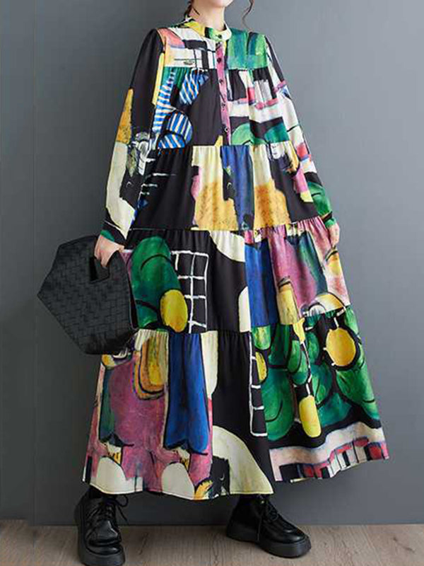 Long Sleeves Loose Buttoned Printed Split-joint Round-neck Midi Dresses