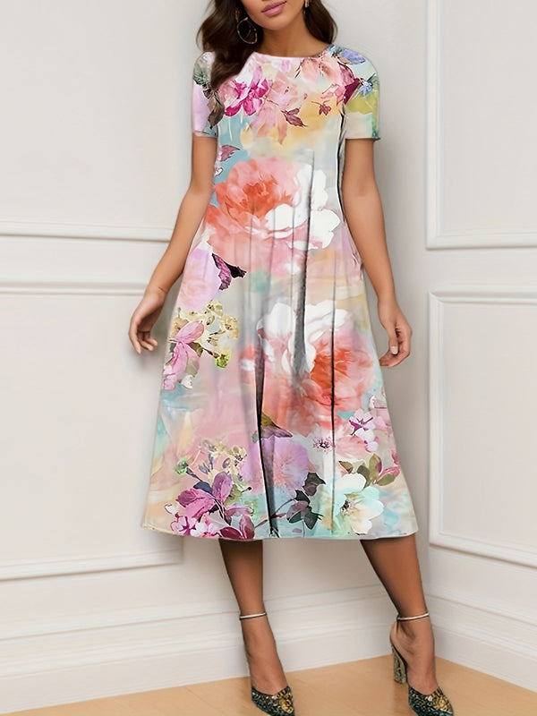 A-line Loose Flower Print Pockets Round-neck Midi Dresses